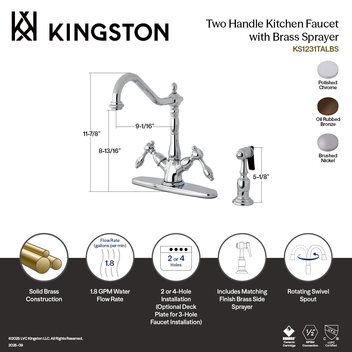 Kingston Heirloom KS1231TALBS - Tudor Two-Handle 2-or-4 Hole Kitchen Faucet with Brass Sprayer, Polished Chrome — thumbnail 3